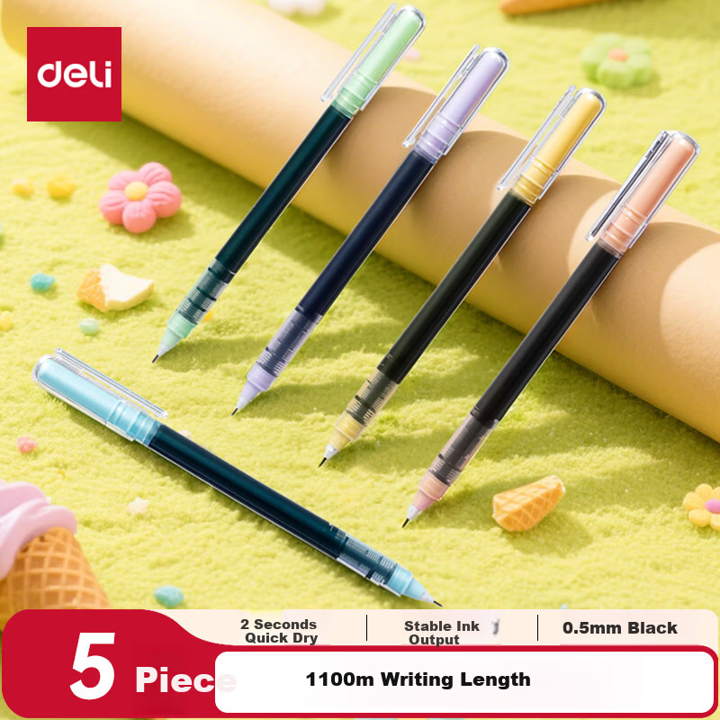Deli Gel Pen Quick-Drying 0.5mm Full Needle Tube Neutral Pen, Colorful High-Quality Student Exam Writing Pen Rollerball Pen, Black 5 Pens/box SF353
