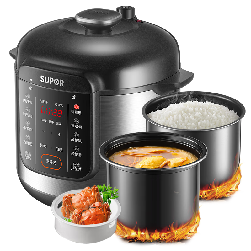 SUPOR Electric Pressure Cooker, 6L Dual Inner Pot with Steamer Basket, Smart Reservation Function, SY-60YC6006 Rice Cooker, High-Pressure Cooker, Serves 6-8 People, Panel Silk Printing, Random Delivery