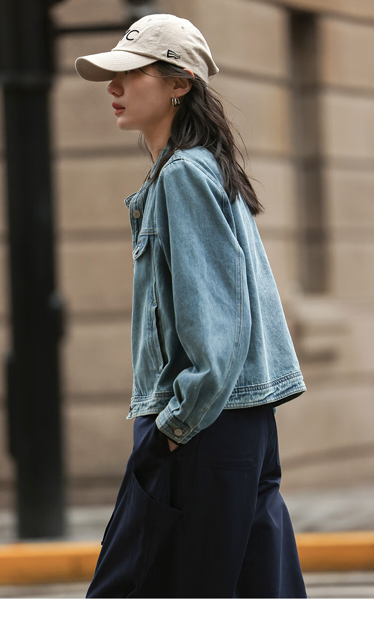 Dme Small Round Neck Denim Jacket Spring Straight Shoulder Sleeve Slim Fit Short Denim Jacket 9