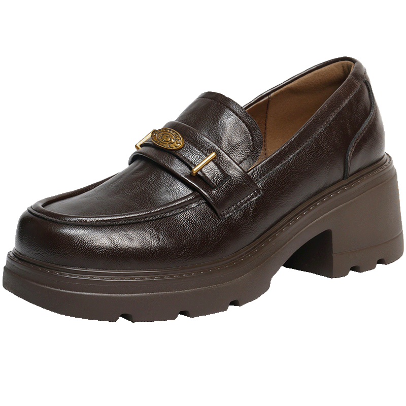 Belle Women's Loafers Thick Sole British Style Leather Shoes Spring Summer Work Flats JD007CM5 Brown-Gold Coin Style Size 37