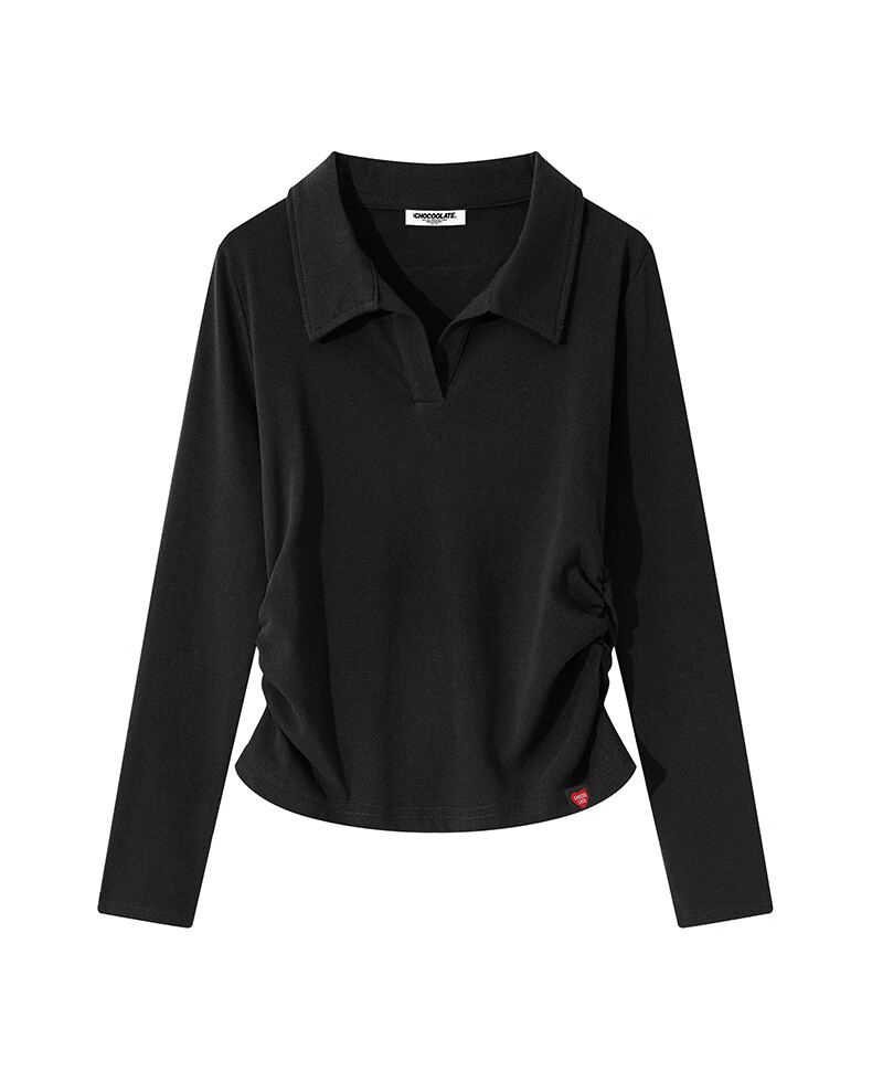 :CHOCOOLATE IT Lapel Shoulder Long Sleeve T-Shirt Women Short Pleated Waist Summer New Base Shirt Top White L 27