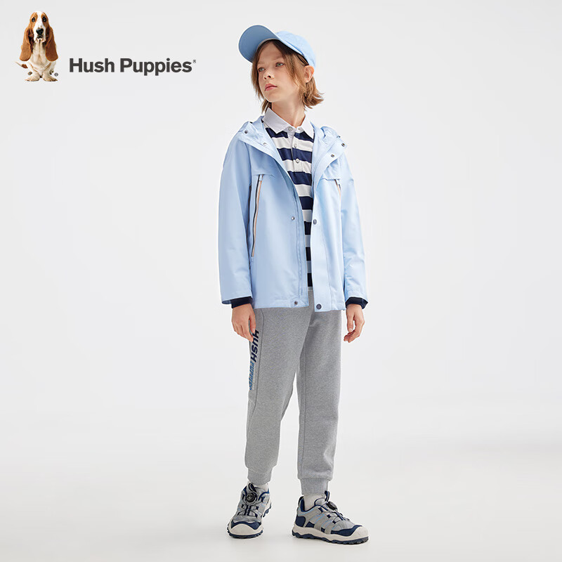 Hush Puppies Boys' Triple-Protection Jacket, Spring Children's Outdoor Mountain-Style Sports Hooded Windbreaker, Glacier Blue, Size 170