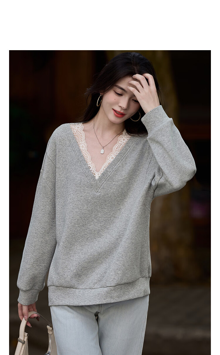Dme 【Q】Spring Korean Style Lace Splice V-Neck Drop Shoulder Long Sleeve Petite Sweatshirt for Women 10
