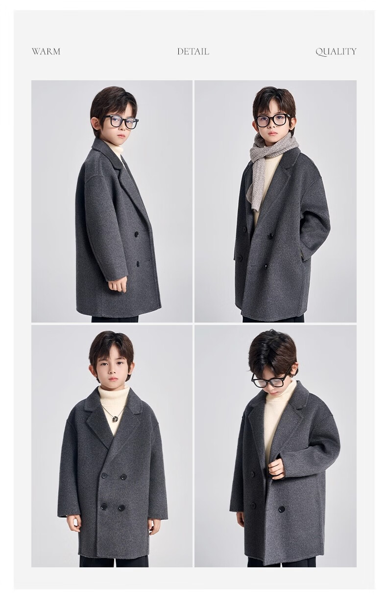 Romon Kids Reversible Wool Coat Autumn Winter Boys Girls Woolen Mid-Length Korean Style Jacket Charcoal Gray 170 23