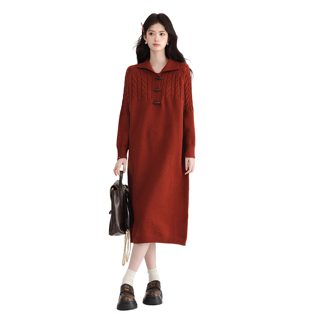 :CHOCOOLATE Women's Red Cable Knit Pullover Dress with Turn-Down Collar, Warm Sweater Dress for Spring and Autumn, Size M