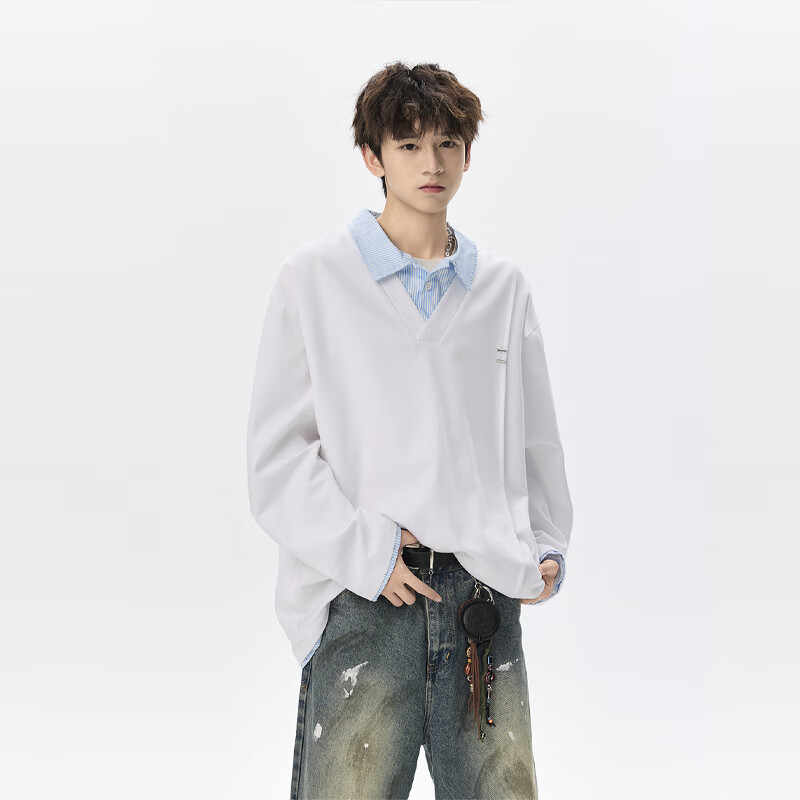 Foss Phil Men's Spring Autumn Colorblock Layered Collar Sweatshirt Casual Polo Shirt YWY1022 Glacier White XL