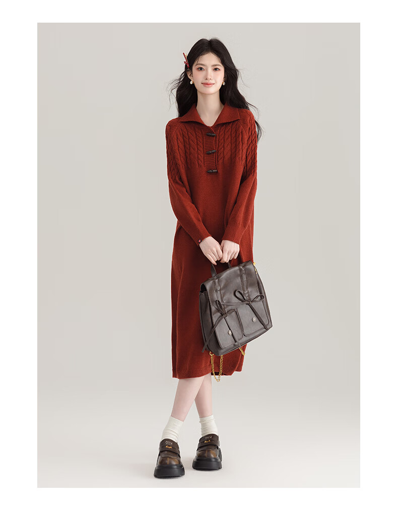 :CHOCOOLATE Women's Red Cable Knit Pullover Dress with Turn-Down Collar, Warm Sweater Dress for Spring and Autumn, Size M 12