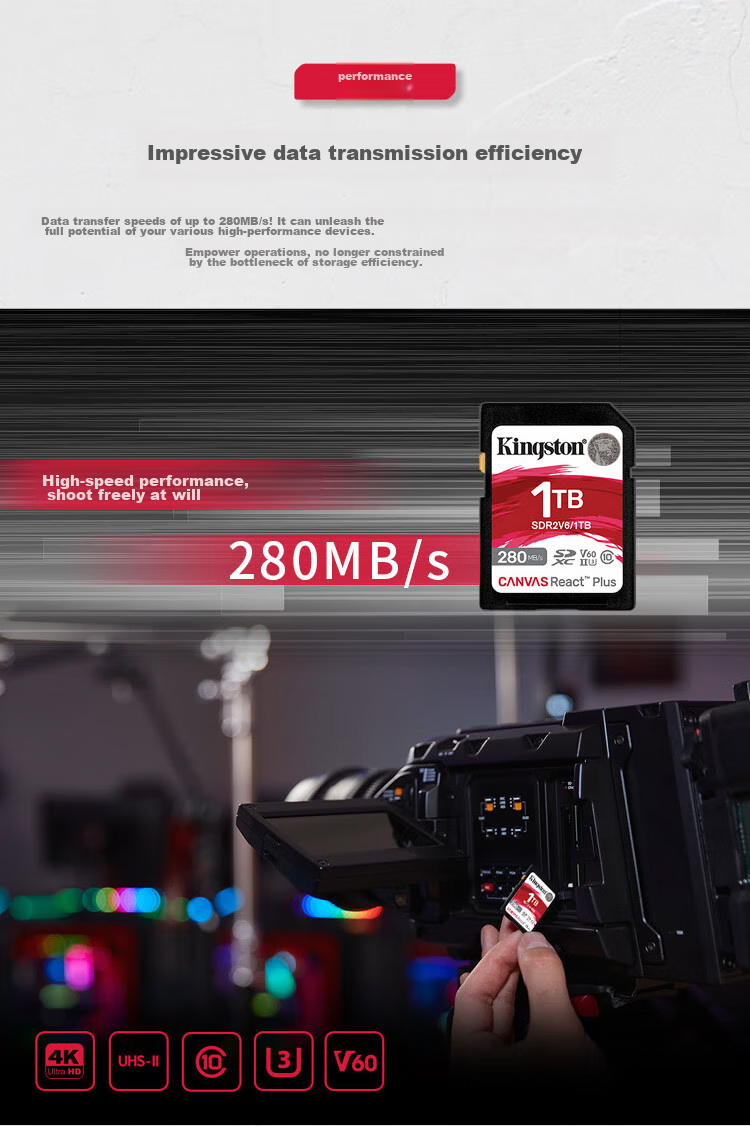 Kingston 1TB SD Memory Card U3 V60 4K Digital Camera Memory Card Read Speed 280MB/s Write Speed 150MB/s Mirrorless/DSLR Camera 1