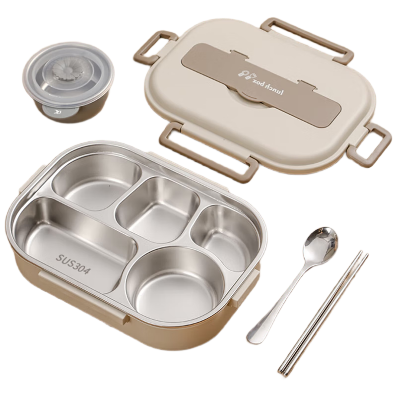 Licheers 304 Stainless Steel Five-Compartment Lunch Box Insulated Microwaveable Meal Container for Students and Office Workers