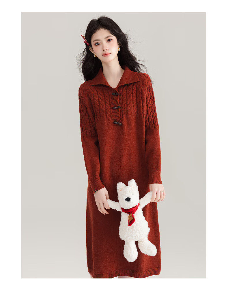 :CHOCOOLATE Women's Red Cable Knit Pullover Dress with Turn-Down Collar, Warm Sweater Dress for Spring and Autumn, Size M 9