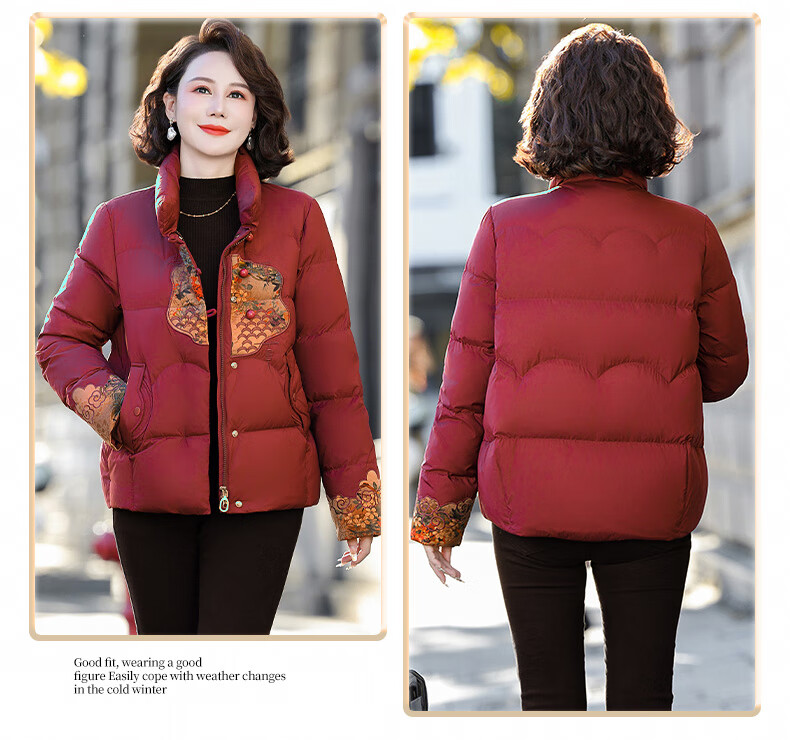 SNOWFLYING Women's Short Down Jacket 2025 Winter Loose Warm Stand Collar 90% Down Coat Mom Style Dark Red L 9