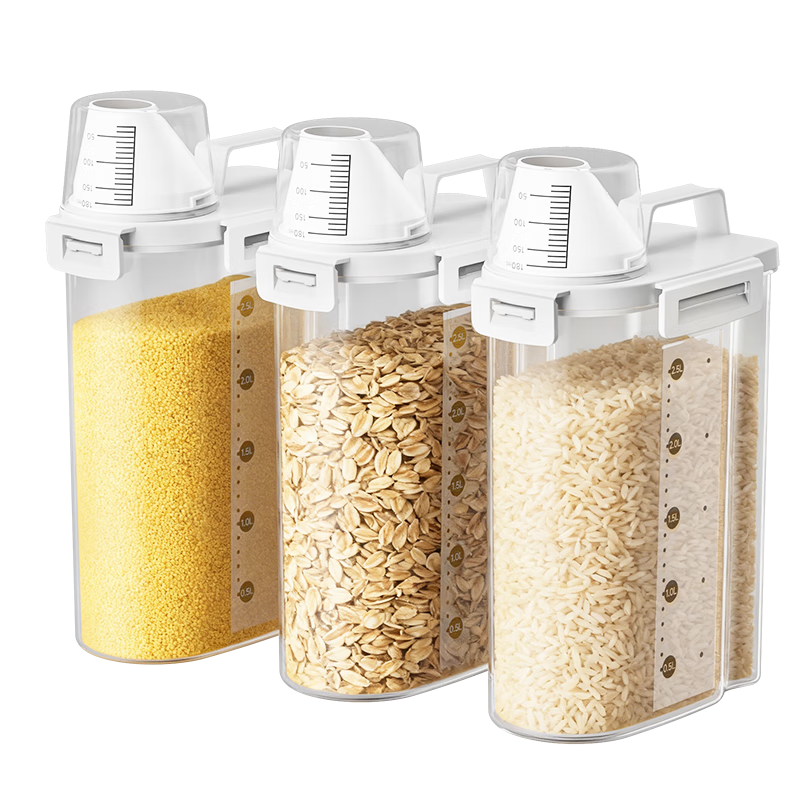 Jiabangshou Rice Container, Multi-Grain Storage Jar, Sealed Household Rice Bin, Storage Box for Rice, with Measuring Cup, 3L Capacity, Pack of 3