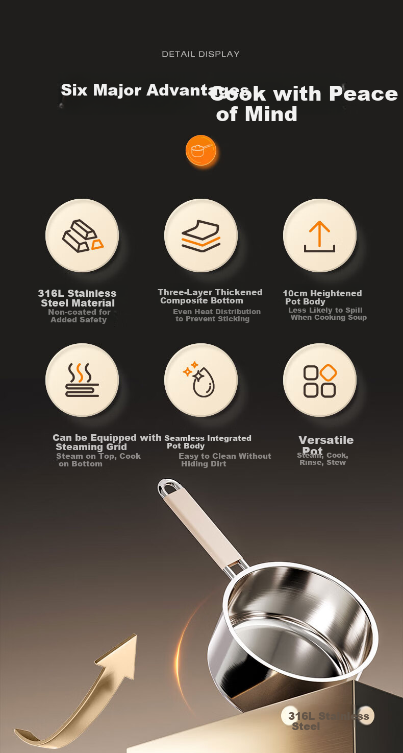 ASD Milk Pot, 316L Stainless Steel, Baby Food Pot, Small Milk Pot, Thickened, Suitable for Gas And Induction Stoves, NS18B15WG 2