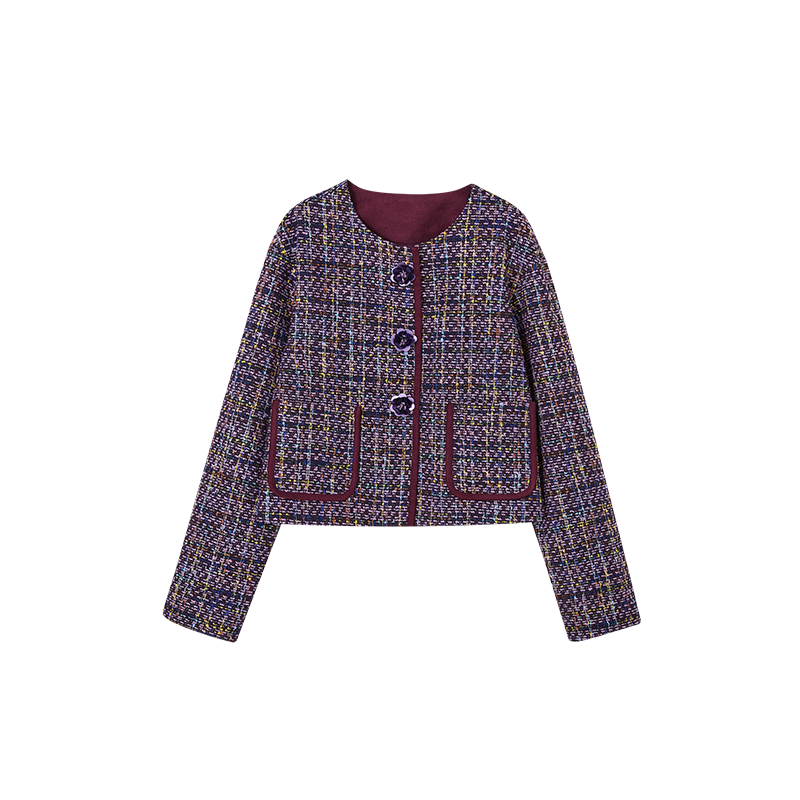 Demana [With Cloud Cotton] Autumn Small Chanel Style Elegant Beaded Contrasting Trim Buttoned Tweed Plaid Chic Women's Coat