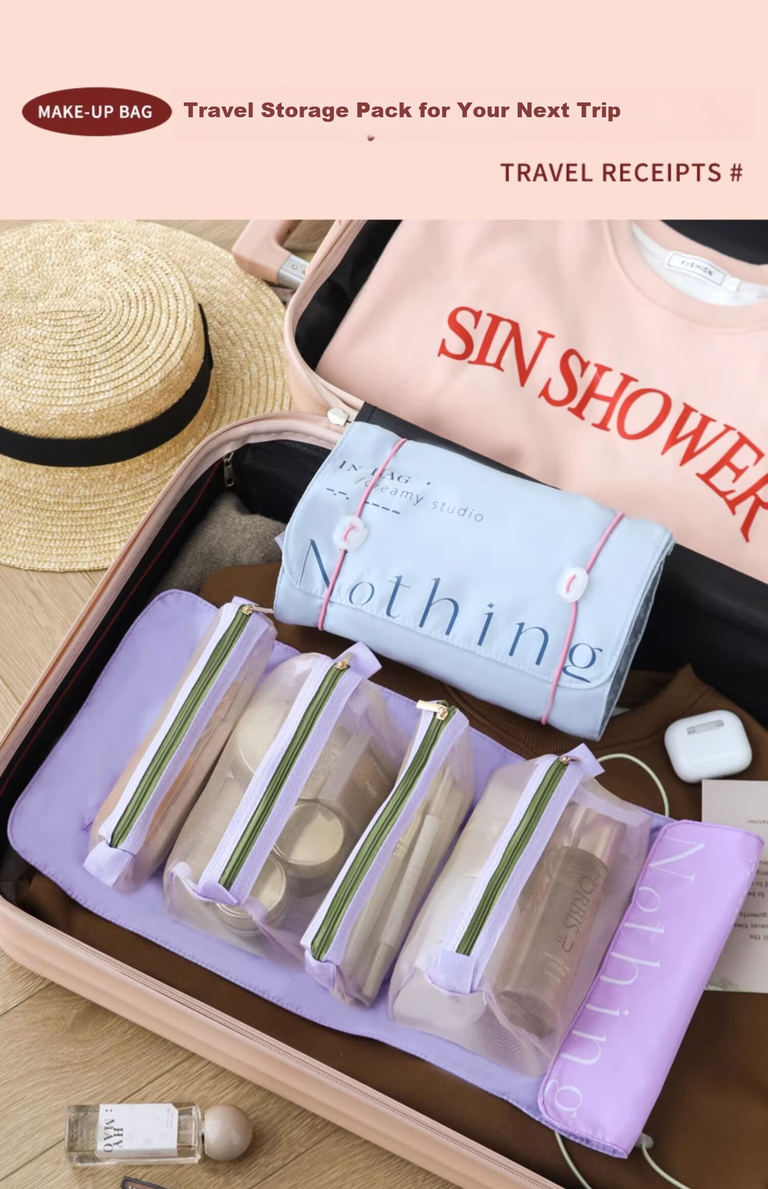Fanyejia Foldable Travel Makeup Bag for Women, Portable Large Capacity Toiletry Bag, Storage Pouch, Travel Essential, Skincare Four-I 12