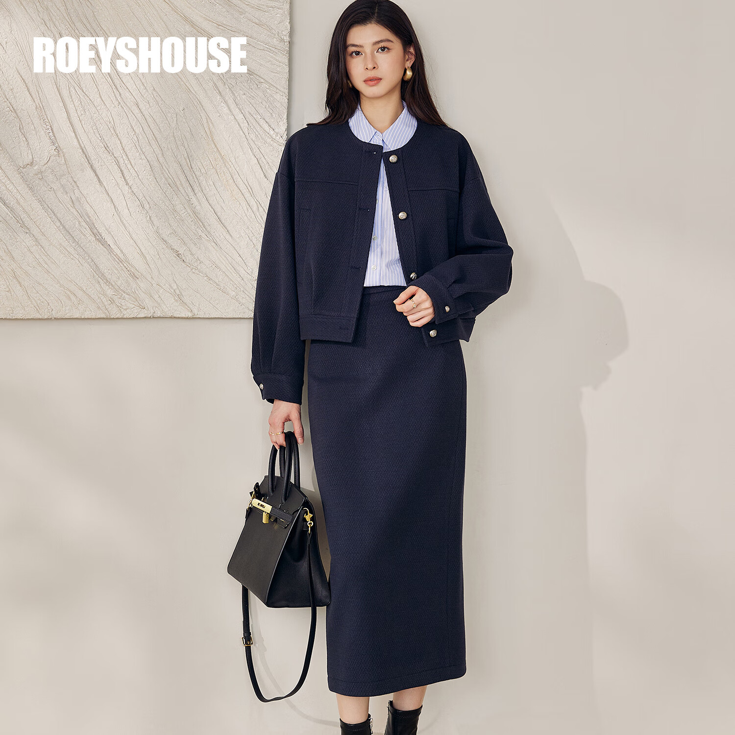ROEYSHOUSE French Texture Short Jacket and Skirt Two-Piece Set 12889 Dark Blue L