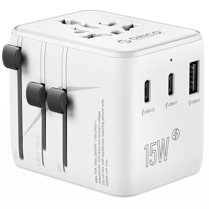 Newton's Laws Universal Travel Adapter with Fast Charging Cable Set - International Socket Converter for UK, US, EU, AU, Japan Standards, 15W Fast Charge, 1A2C+2AC Five-Port Simultaneous Charging, Whi