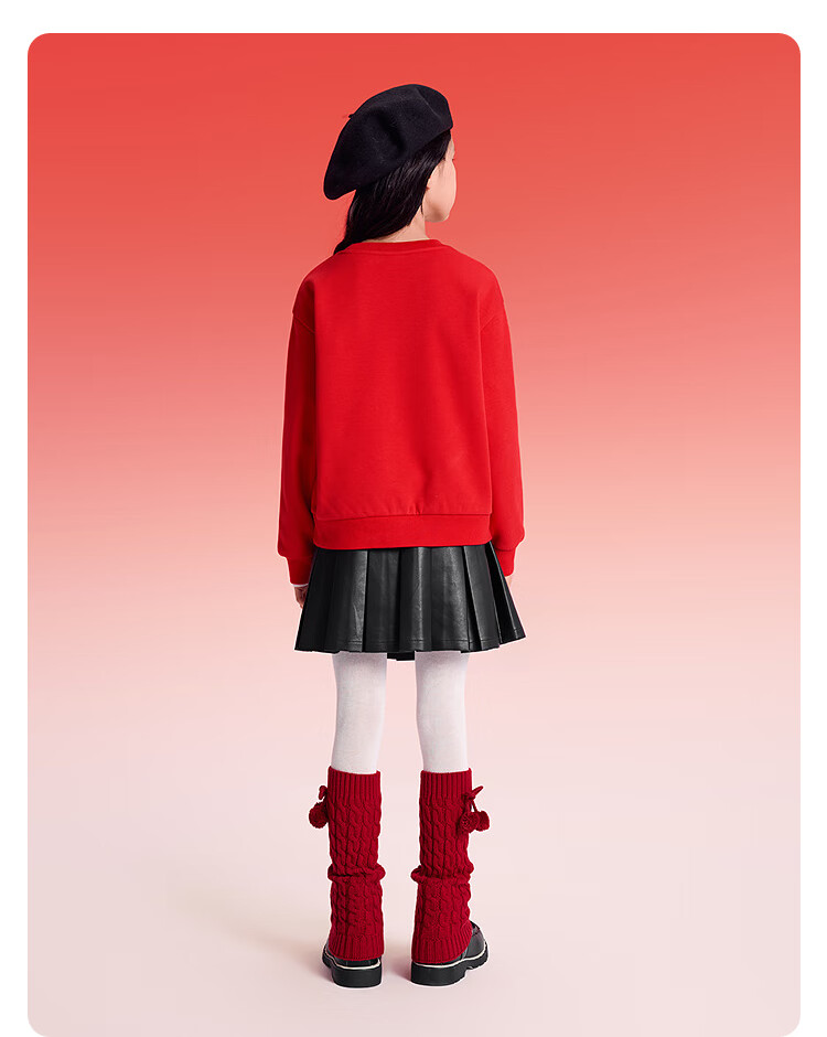 Balabala Kids Sweatshirt Girls 2025 New Spring Fleece Lined Long Sleeve Top Youth Red New Year Outfit 3