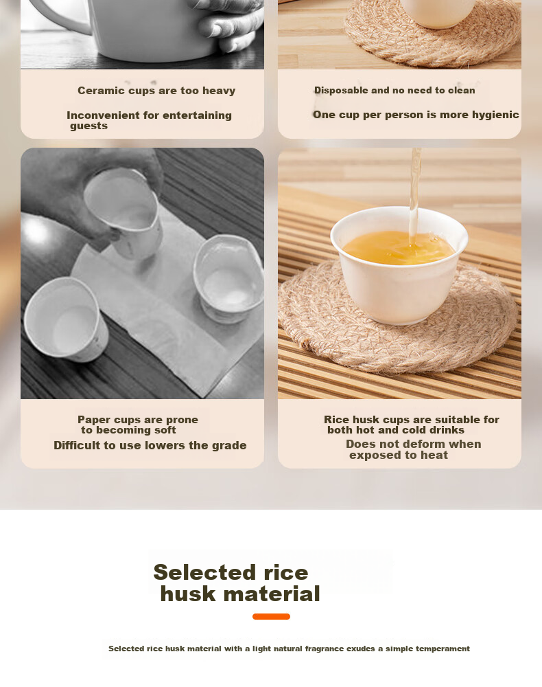 BJ Disposable Tea Cups, Kung Fu Tea 60ml Biodegradable Rice Husk Cups, High-Quality Heat-Resistant Tea Cups for Sipping, 100 Pieces + Cup Holder 5