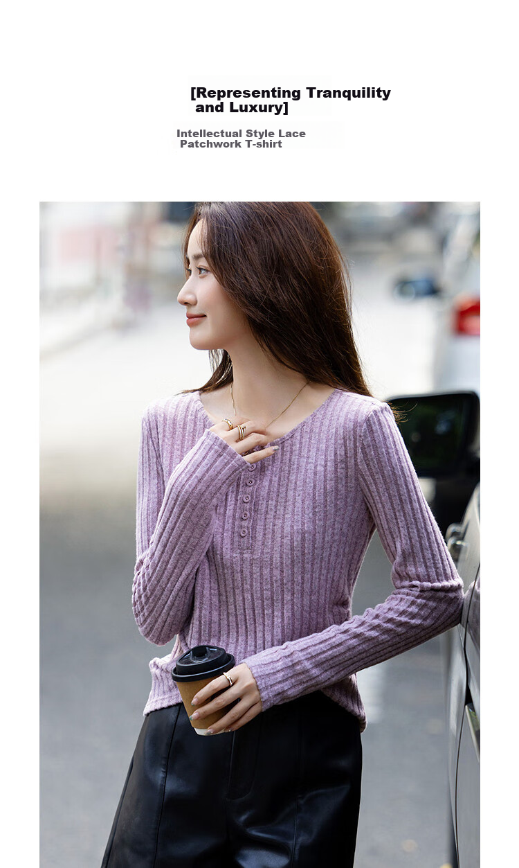 Dme [Jingshu Representative], Autumn Intellectual Commuter Button-Up Decorative V-Neck Lace Patchwork Slim-Fit Women's T-Shirt 1