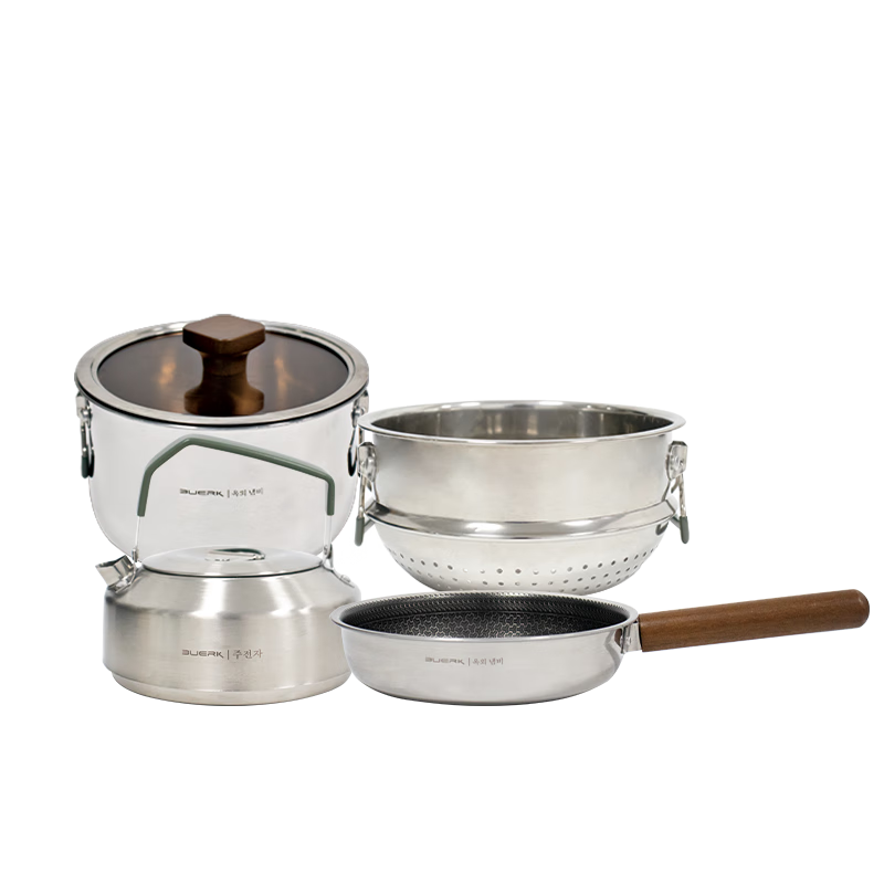 BUERK Outdoor Cassette Stove Cookware Set Three-Layer Thickened 304 Stainless Steel [Pot + Steamer + Frying Pan + Kettle]