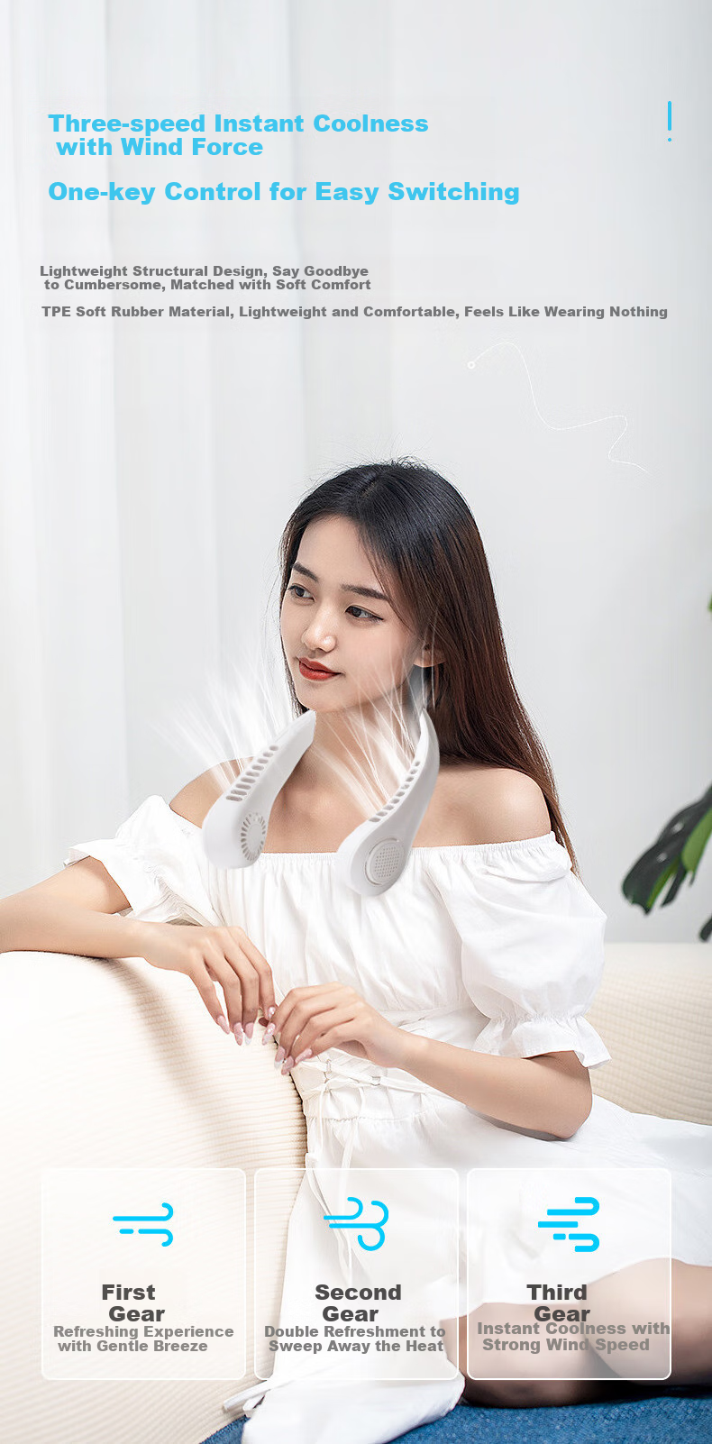 HBOALG [Silent Long Battery Life] Neck-Hanging Fan, Cool Whole Body USB Fan, Portable Mini Fan, Lazy Person Neck-Hanging Fan, for Office, Student Dormitory, Outdoor Use, White 7