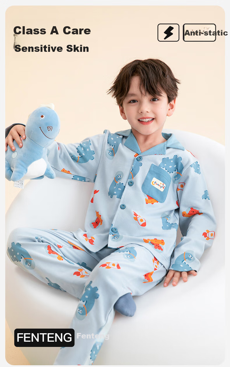 Fenteng Children's Pajamas Class A 100% Cotton 7A Antibacterial Anti-Static Spring 2025 New Boys' Home Wear Set 2
