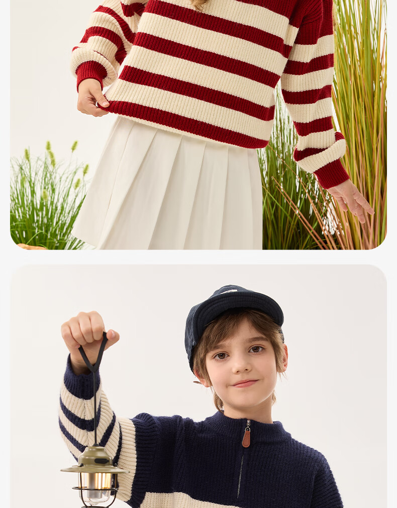 Baleno Kids Sweater 2025 Winter New Boys Half-Placket Striped Pullover Fleece-Lined Knitwear for Older Children 7