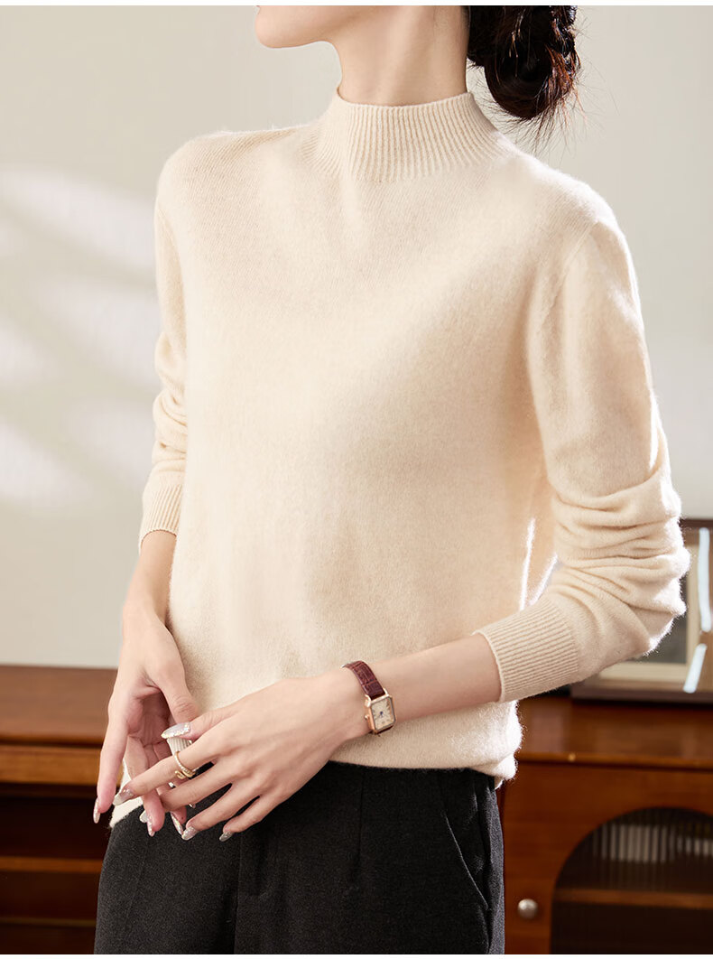YUZHAOLIN 100% Pure Wool Slim Fit Half Turtleneck Knit Pullover Sweater for Women, Apricot 3