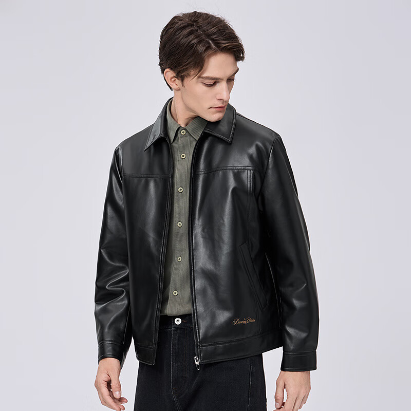 DANCING WOLVES Graphene Heated Thickened PU Leather Jacket with Down Liner, Lapel Collar, Black 001, Size M