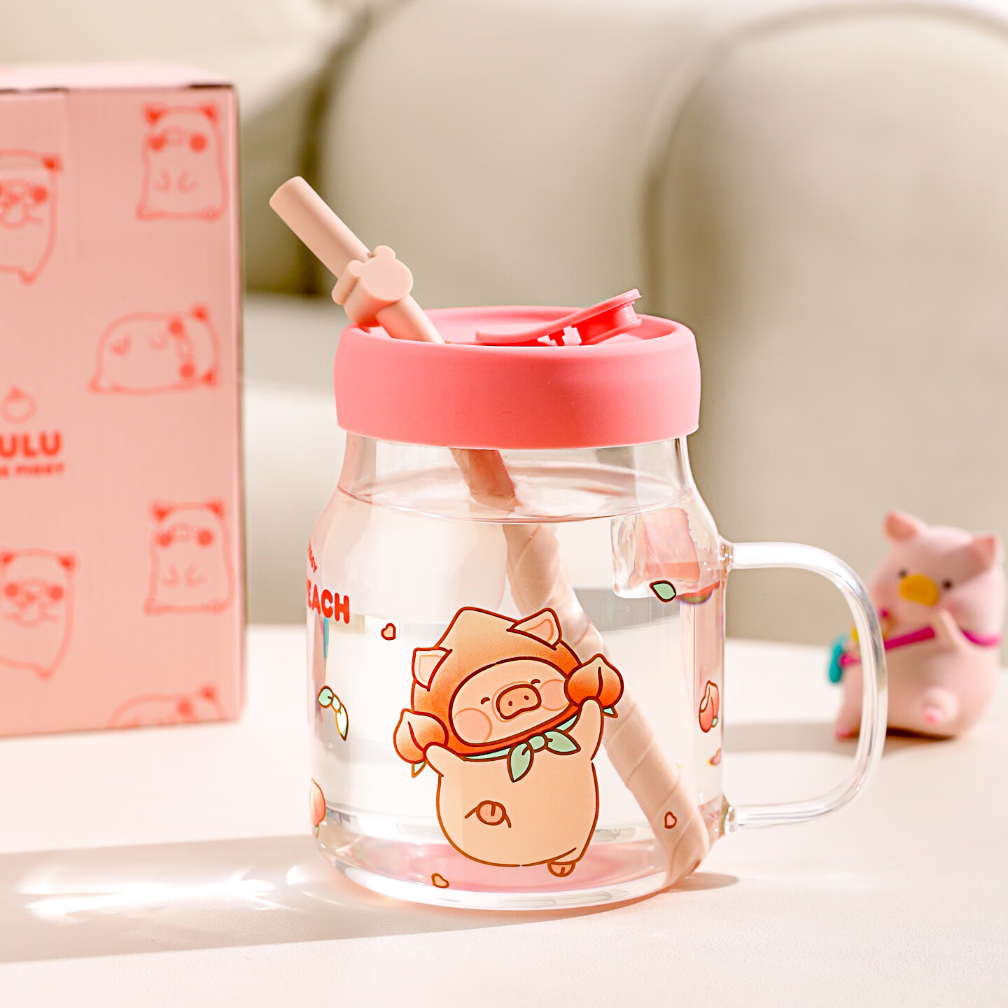KAWASIMAYA & lulu Pig Collaboration High Borosilicate Glass Straw Cup High Aesthetic Large Capacity Covered Water Drinking Cup Brown Version