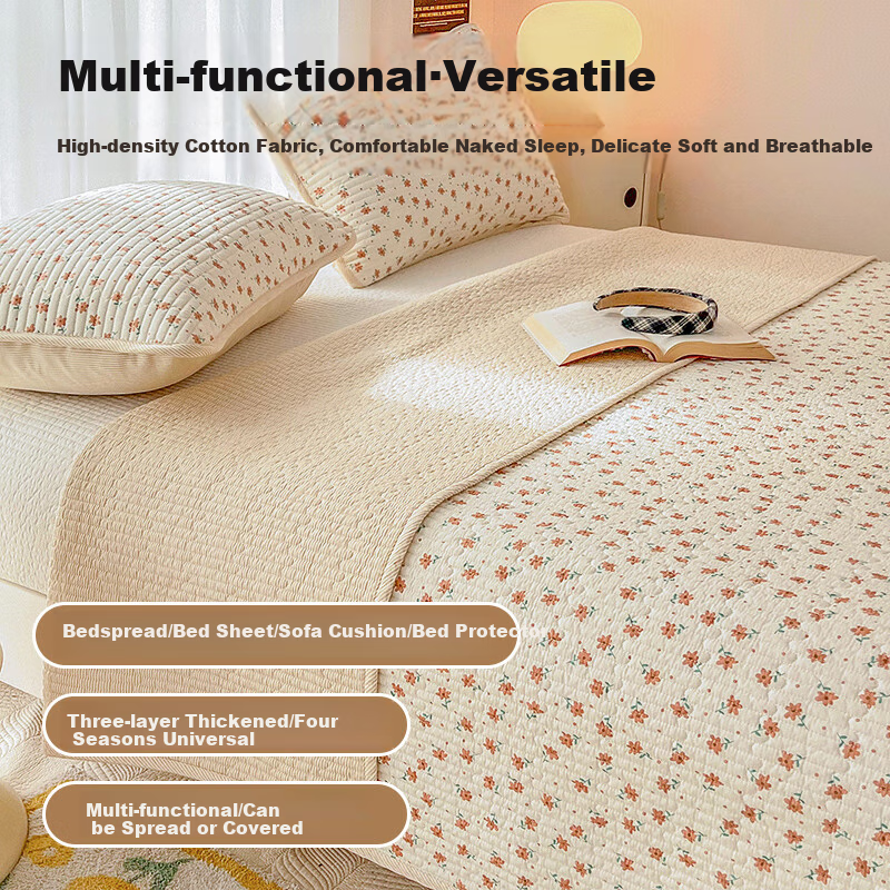 Wuyinliangpin Class A Double-Sided Pure Cotton Bed Sheet, Quilted Double Bed Cover, Bedspread Three-Piece Set, Bed Sheet 200*230cm, Floral Patter