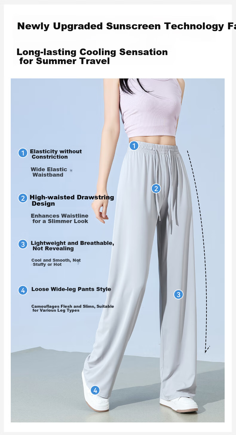 FitonTon Slim Ice Silk Sun Protection Wide-Leg Pants for Women, Summer Cool Thin High-Waist Draping Slimming Straight Casual Pants 6