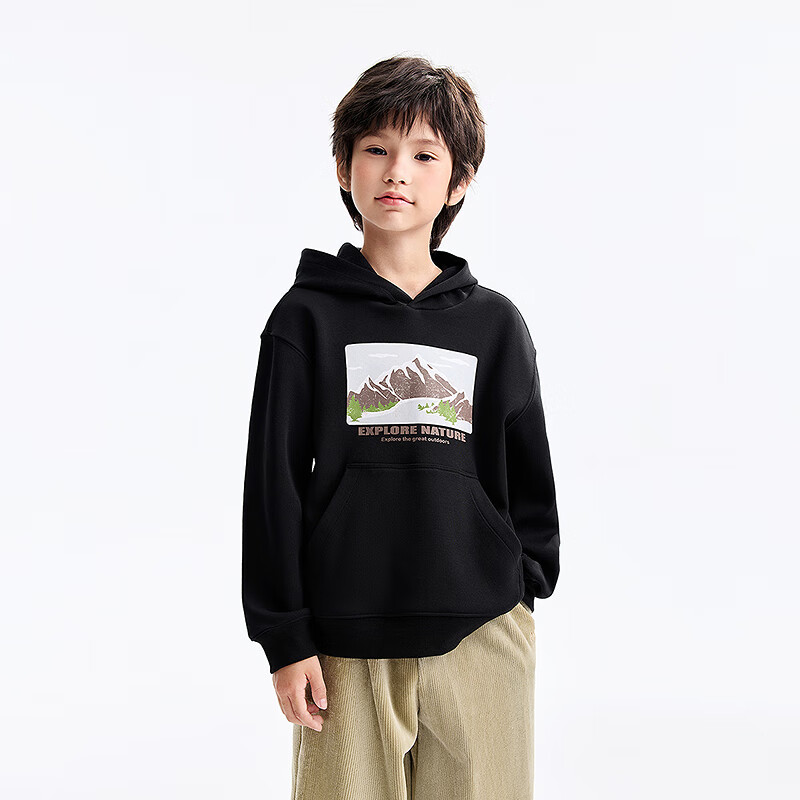 Annil Kids Boys Hooded Long Sleeve Fleece Sweatshirt 2025 Winter New Black 120