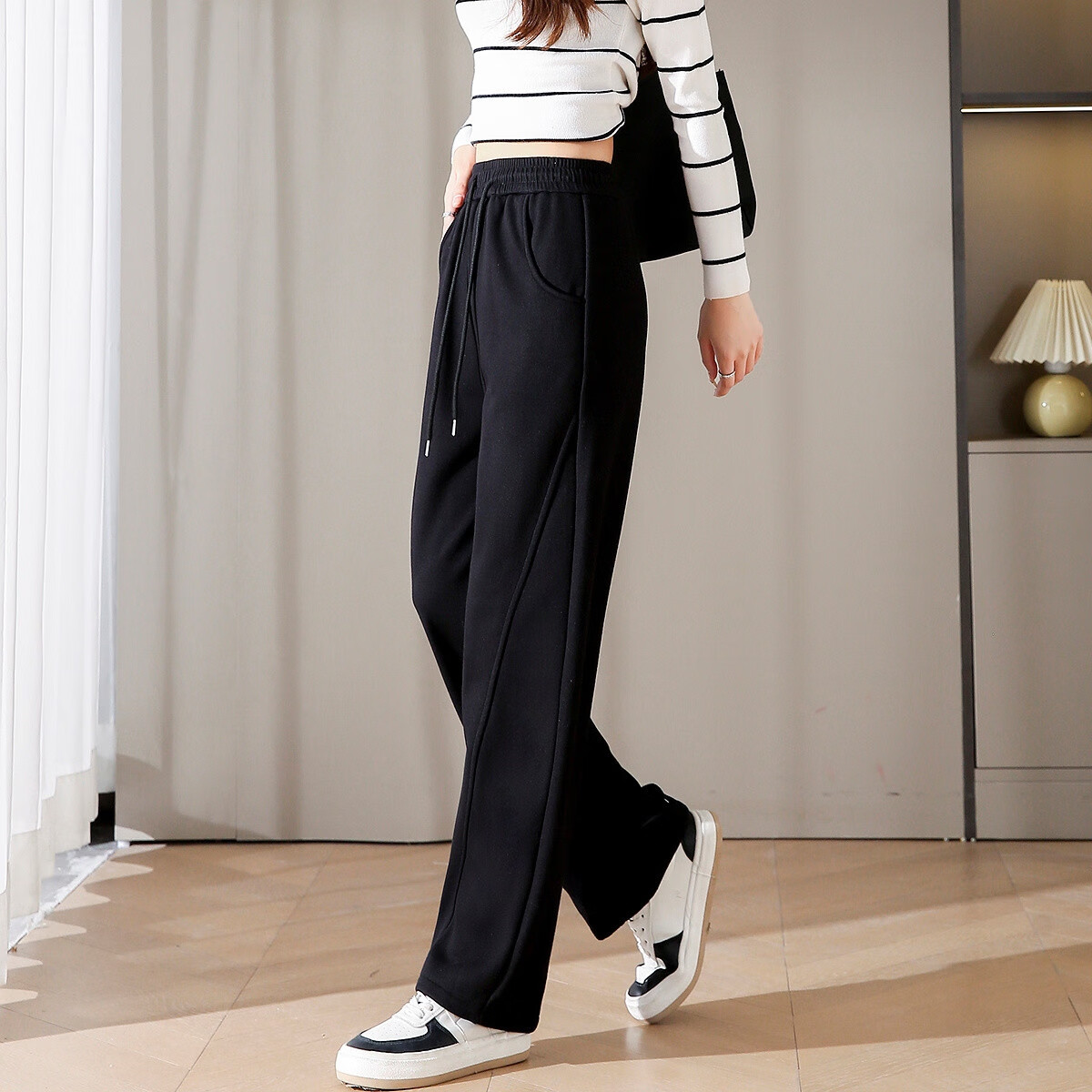 Dme Women's Casual Winter Cloud Cotton Elastic Waist Side Seam Split Banana Pants