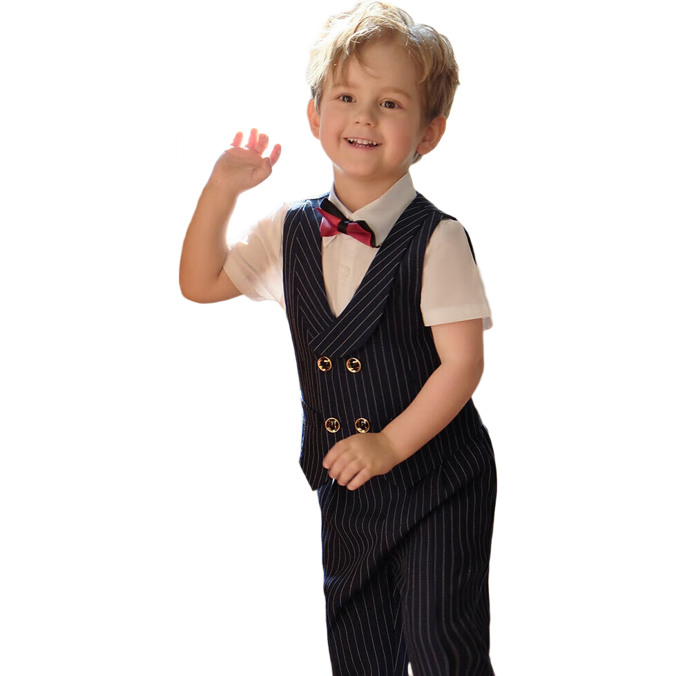 LUOBOBEIBEI Children's Formal Wear, 2025 Spring And Summer Boys' British Striped Vest Performance Costume Set, Navy Blue Four-Piece Set, Size 130