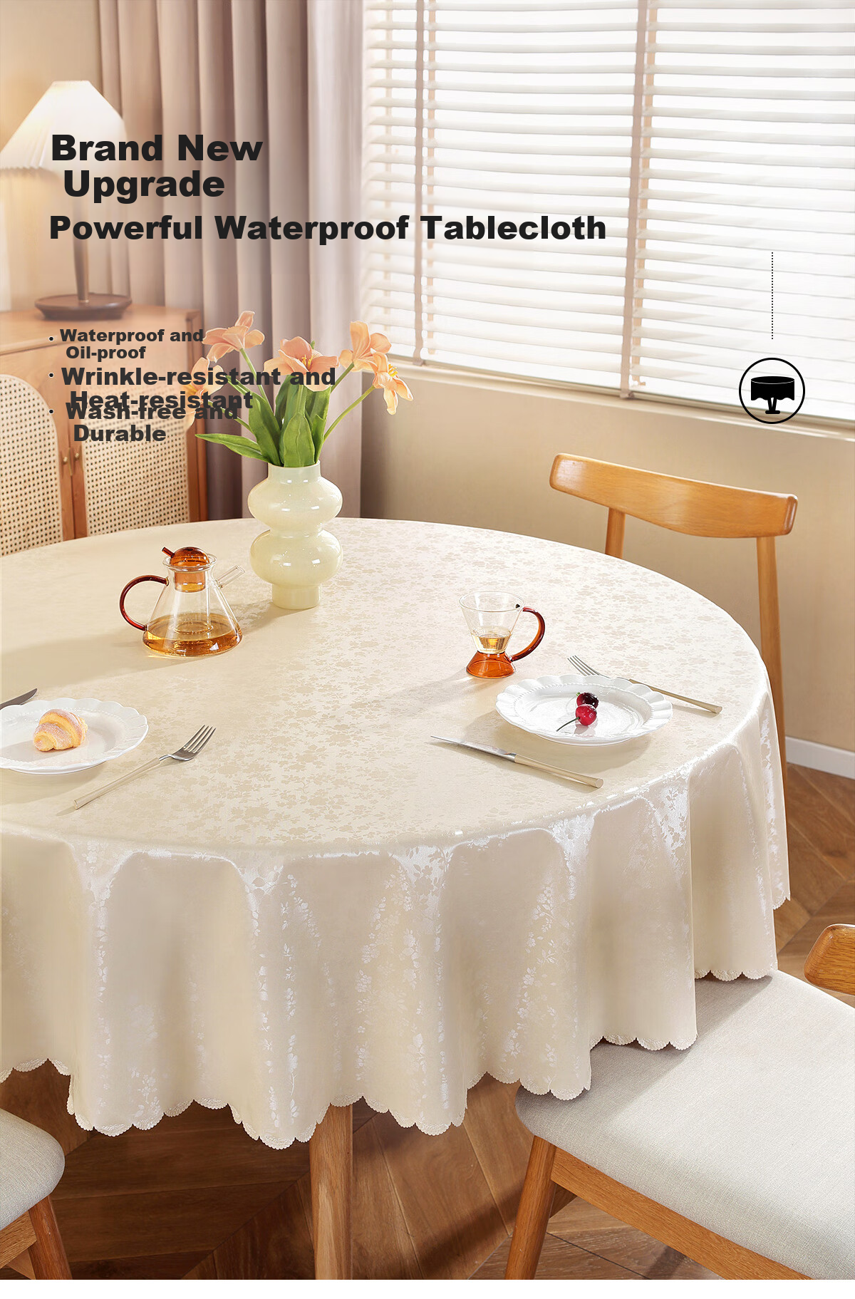 Ali Round Tablecloth, Waterproof And Oil-Proof Table Mat, Heat-Resistant Round Table Cover, Coffee Table Cloth, 220*220 Cm, Rose Champagne Color 1