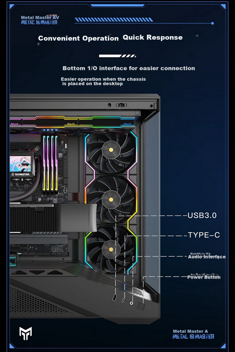 Yingchi Metal Master Dark Knight Gaming Computer Case (ATX, Supports 360mm Water Cooling, Quick Disassembly, Top And Bottom Compartment View, TYPE-C, Parts Box, Cable Management) 15