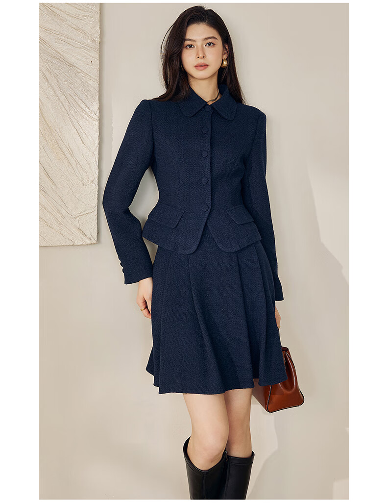 ROEYSHOUSE French Style Little Chanel Two-Piece Set Jacket and Skirt 12834 Navy Blue XL 14