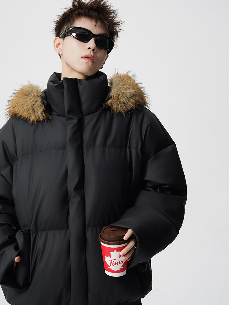 Colombass Trendy PU Leather Down Jacket Men Hooded Winter New Short Thickened Couple Loose Fur Collar Coat 1