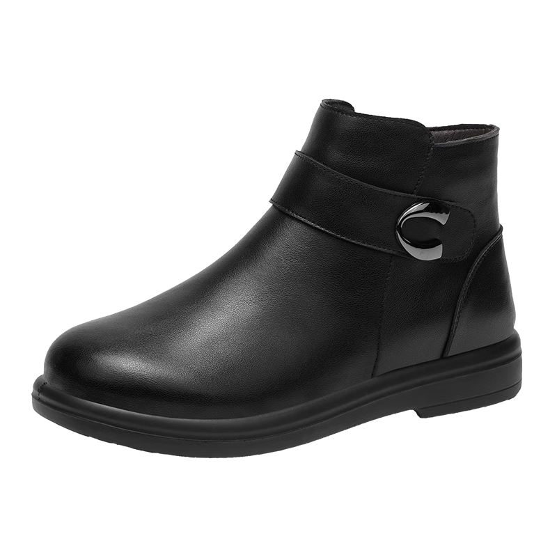 Zulijian Winter Fleece-Lined Women's Warm Leather Boots Mid-Aged Cotton Leather Short Boots Black 41 6283K