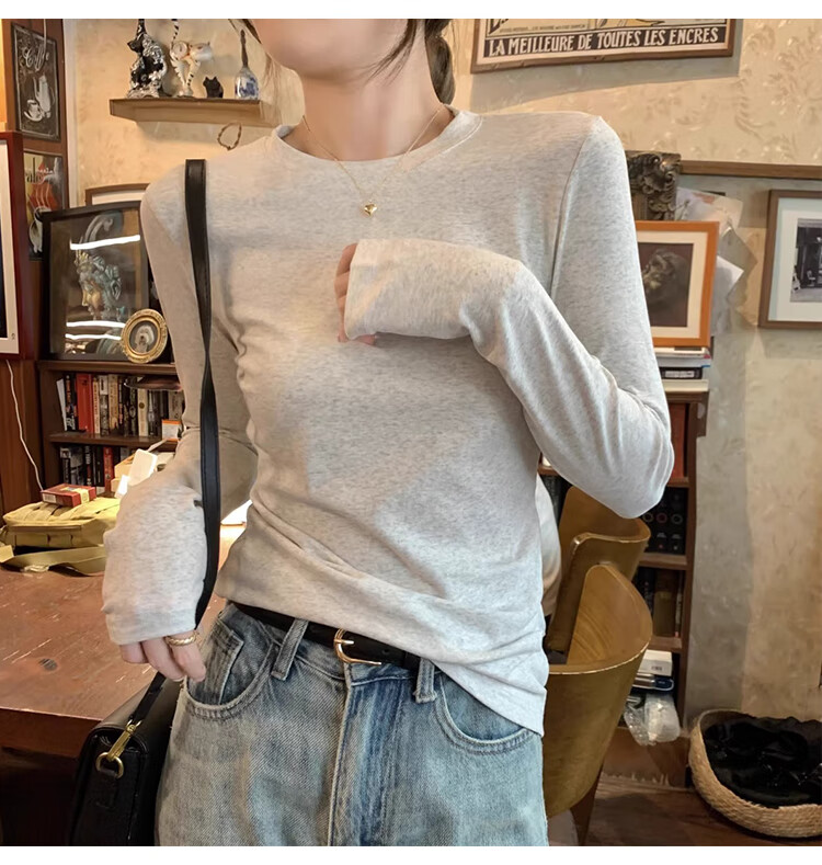 La Chapelle Women's Pure Cotton Base Shirt 2025 New Slim Fit Round Neck Long Sleeve T-Shirt Top Light Gray S 2