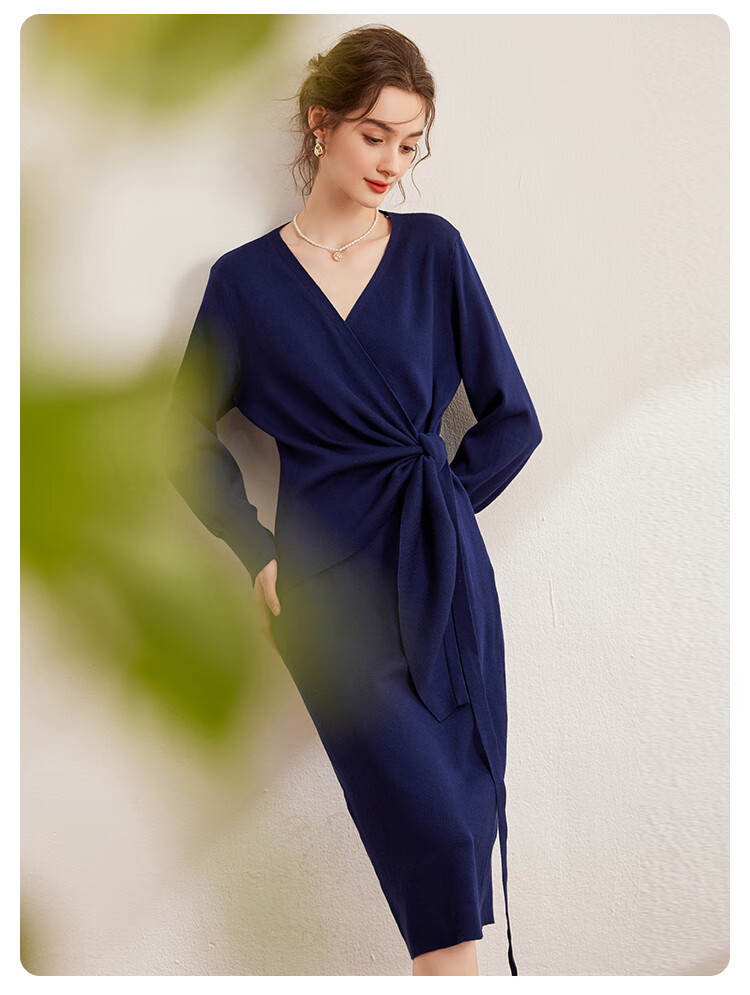 LOUISYAO Spring Autumn V-Neck Tie Design Slim Fit Slightly Stretchy Mid-Length Elegant Knit Dress Dark Coffee S 14
