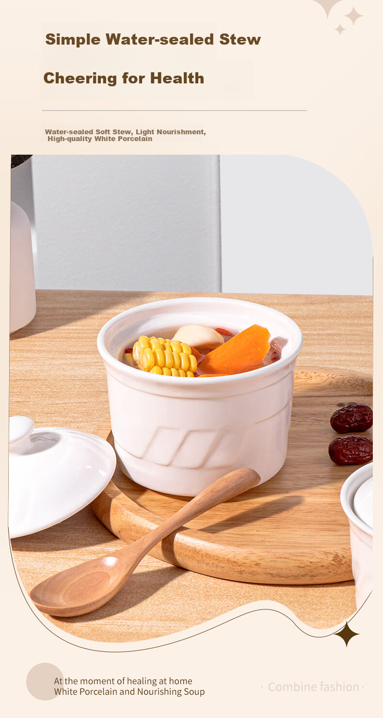 Beisesi Ceramic Bowl, Stew Pot, Small Bird's Nest Cup, Double Boiler Pot, Individual Steaming Bowl, Steamed Egg Cup with Lid, Soup Stew Pot, 200ml 4