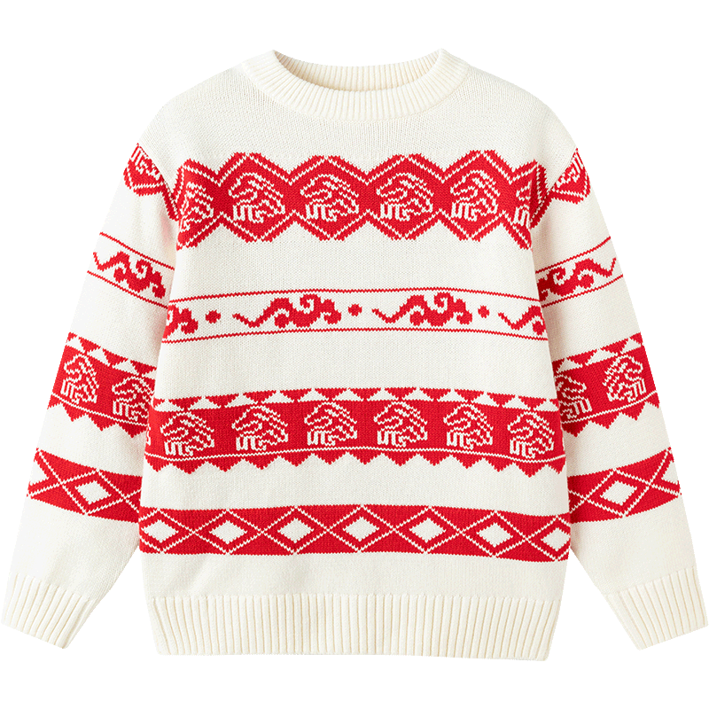 Balabala Kids Red Sweater Boys Girls Crew Neck Fair Isle Knit New Year Greeting Pullover