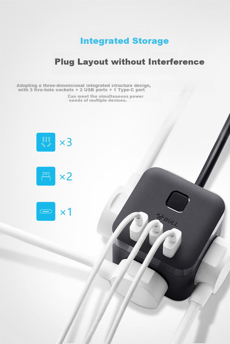 BULL 20W PD Apple Fast Charging Cube Power Strip/Extension Cord/Surge Protector/Desktop Charging Station, Type-C+USB+3 Outlets, 3 Meters Long, Black, GNV-UU2203H, Master Switch 7