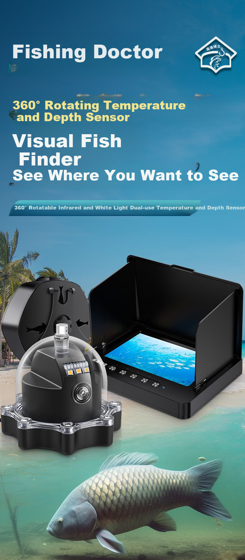 Xunyuboshi 360-Degree Rotating Underwater Fish Finder, Ultra-High Definition Probe, 4.3-Inch HD Screen + 360-Degree Temperature-Sensing Deep Head + 30 Meters 5