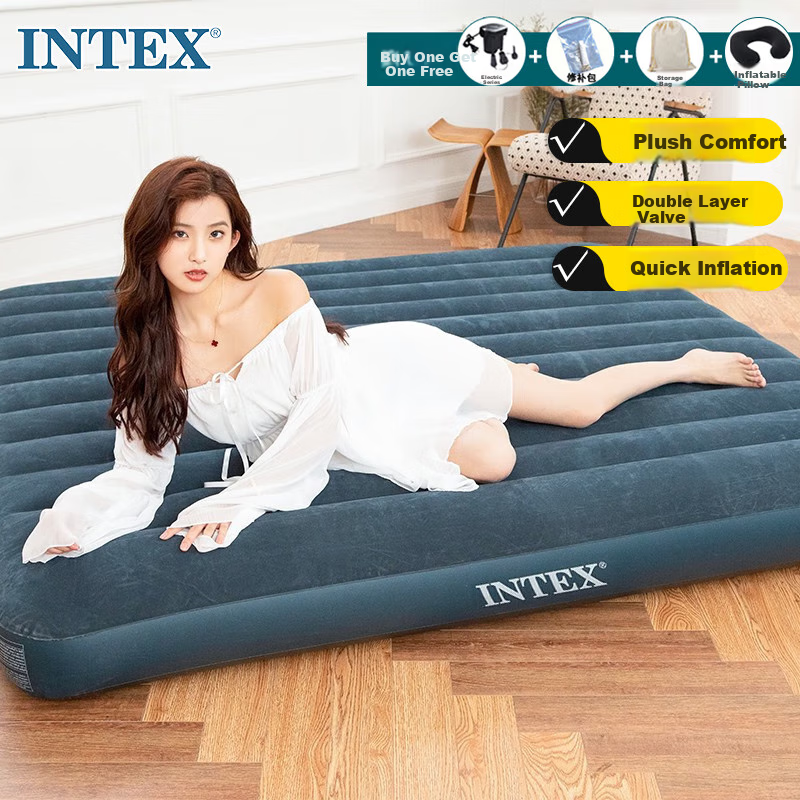 INTEX Double Inflatable Air Mattress, Home Floor Sleeping Pad, Camping Car Sleeping Mat for Two People, 152cm Wide, 64/7 Inch Thick