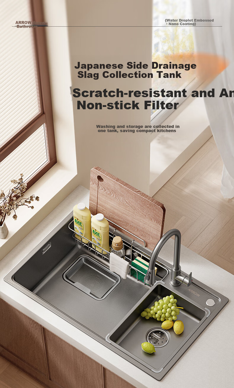 ARROW Kitchen Sink for Small Apartments, Large Single Basin, Nano Textured 304 Stainless Steel Sink for Washing Dishes And Vegetables 1