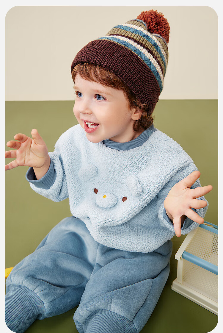 Minibala Unisex Kids Plush Set Loose Warm Long Sleeve Top and Pants Two-Piece Winter Outfit 7